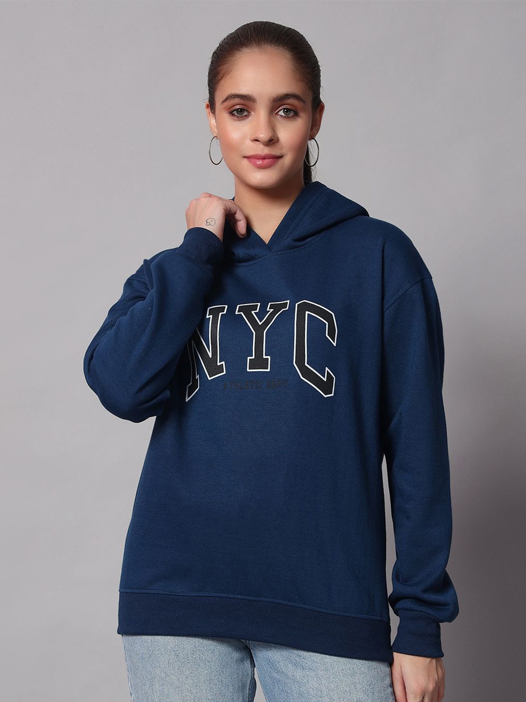 

Obaan Women Printed Hooded Sweatshirt, Navy blue