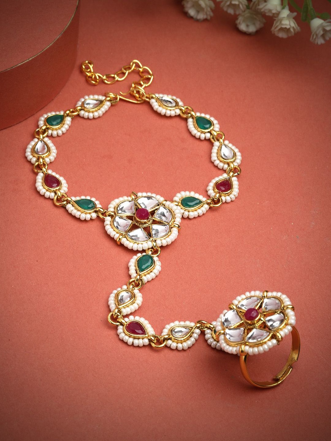 

PANASH Gold-Plated Stone Studded & Beaded Ring Bracelet