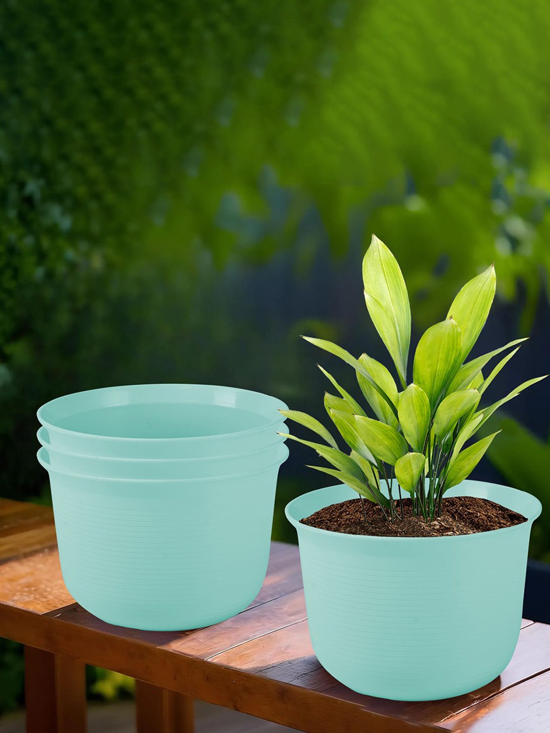 

Kuber Industries Blue 4 Pieces Textured Sawera Flower Pot With Plate