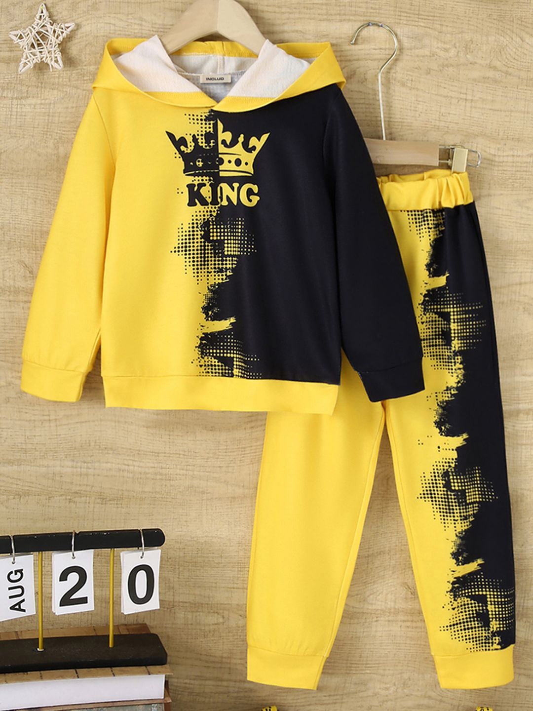 

INCLUD Boys Hooded Printed Sweatshirt with Joggers, Yellow