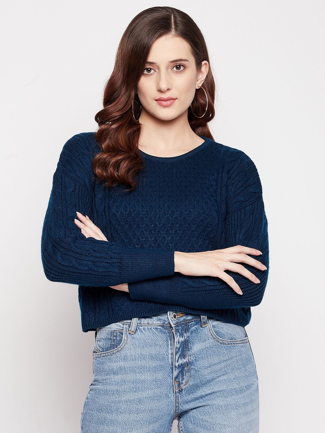 

Duke Women Cable Knit Woollen Crop Pullover, Blue