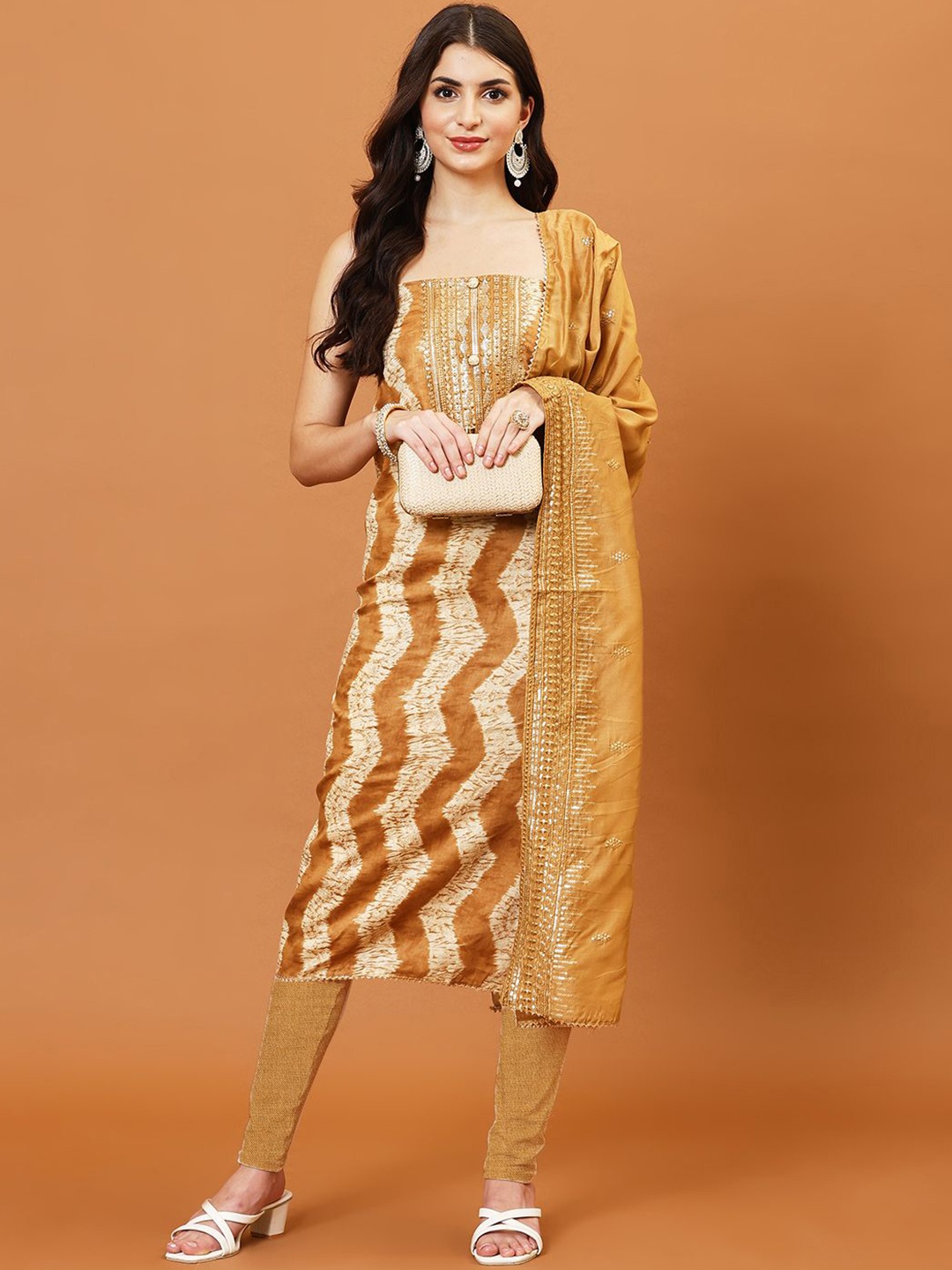 

Meena Bazaar Geometric Printed Sequinned Unstitched Dress Material, Mustard