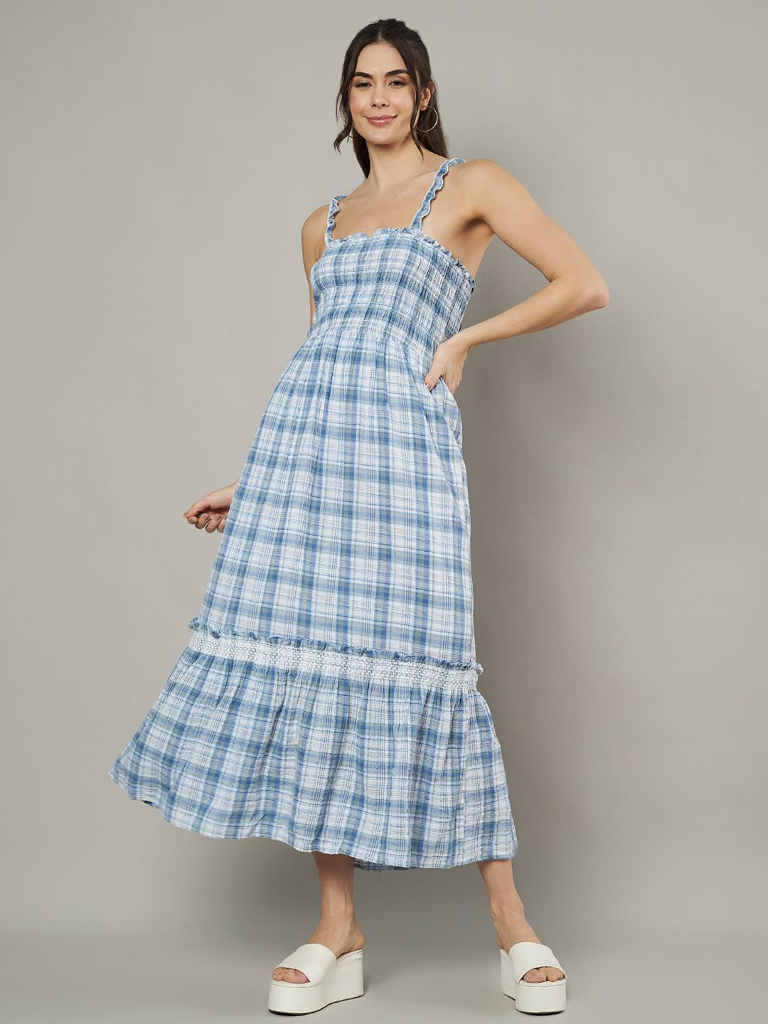 

Amagyaa Cotton Checked Smocked Fit & Flare Midi Dress, Blue