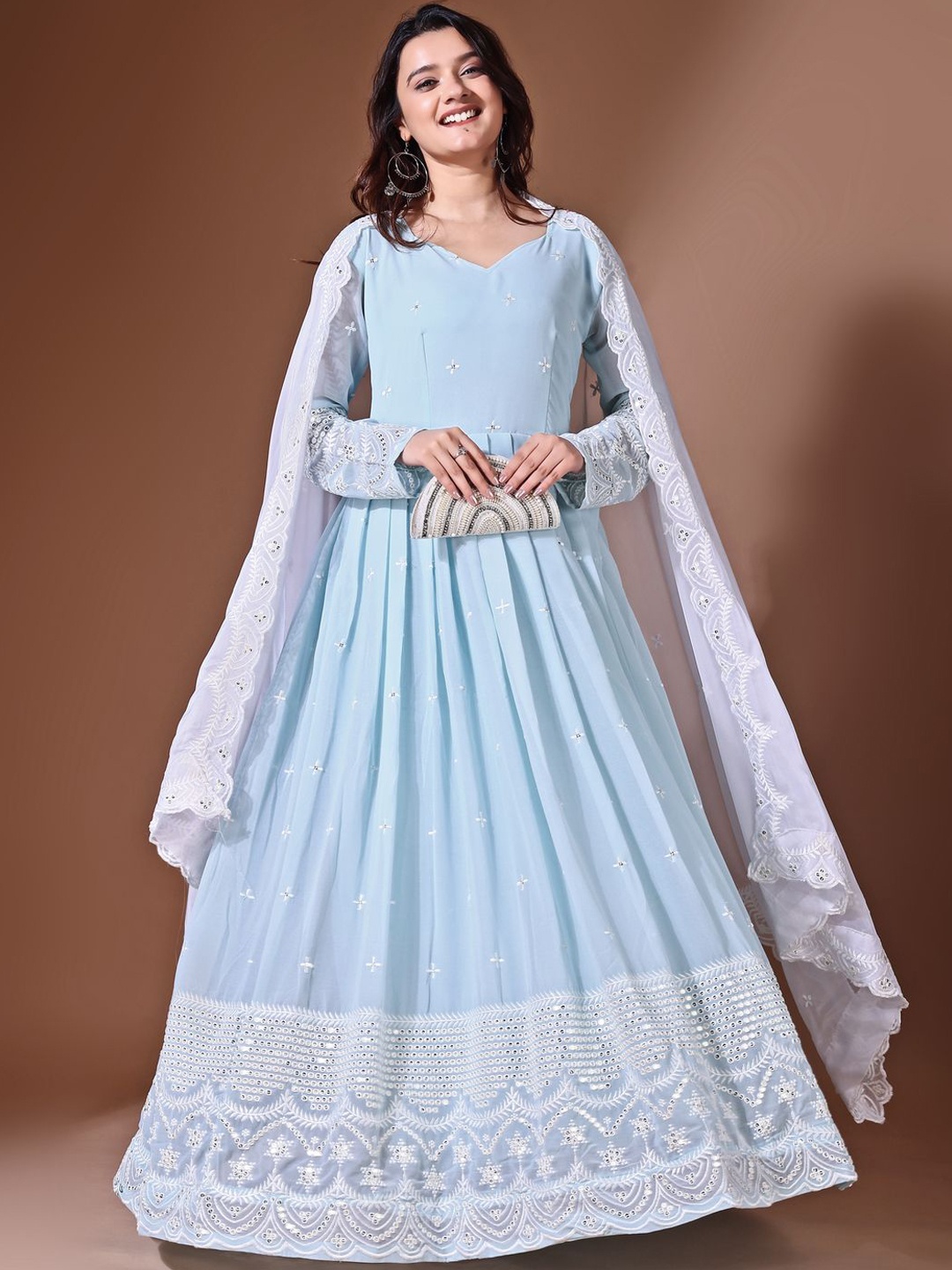 

Wedani Floral Embroidered Sweetheart Neck Long Sleeves Sequinned Georgette Kurta & Dupatta, Blue