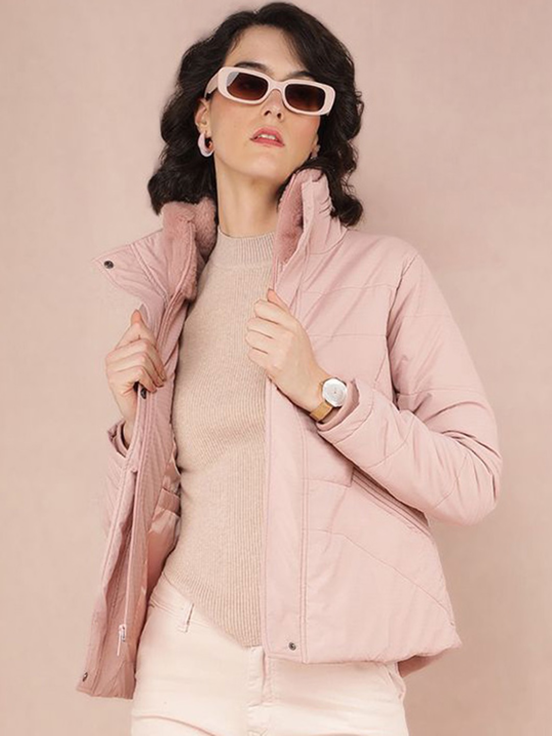 

Crimsoune Club Women Mock Collar Solid Casual Padded Jacket, Pink