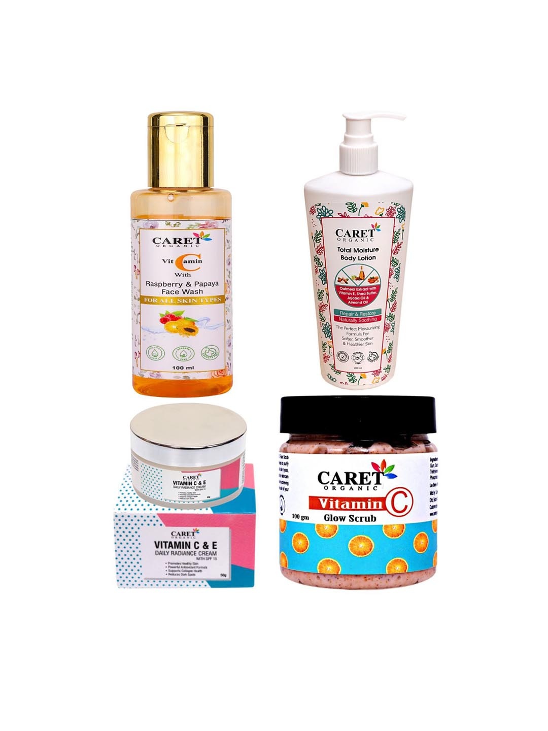 

CARET ORGANIC Set Of 4 Face Wash-100 ml- Cream- 50 g- Scrub-100 ml & Body Lotion- 250 ml, White