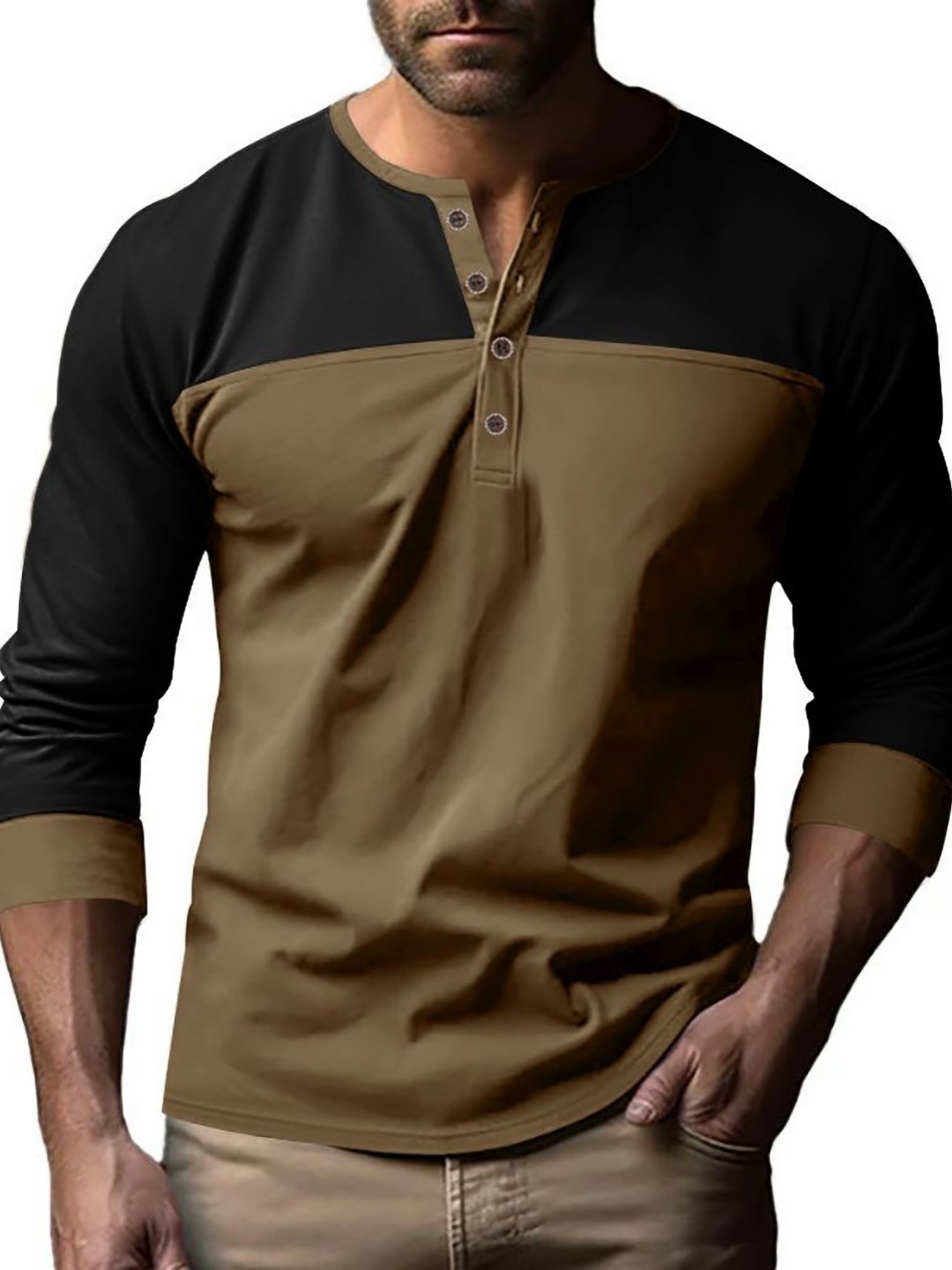 

StyleCast x Revolte Men Colourblocked Henley Neck T-shirt, Olive