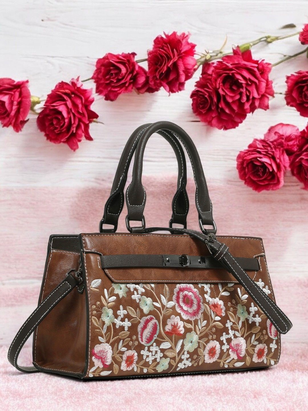 

Exotic Women Floral Printed Structured Leather Handheld Bag, Brown