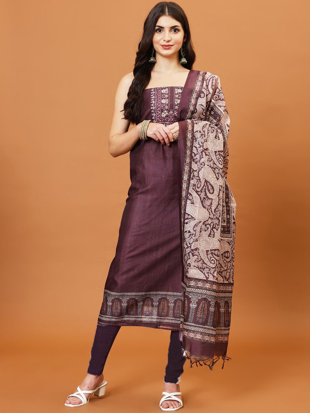 

Meena Bazaar Floral Embroidered Unstitched Dress Material, Burgundy