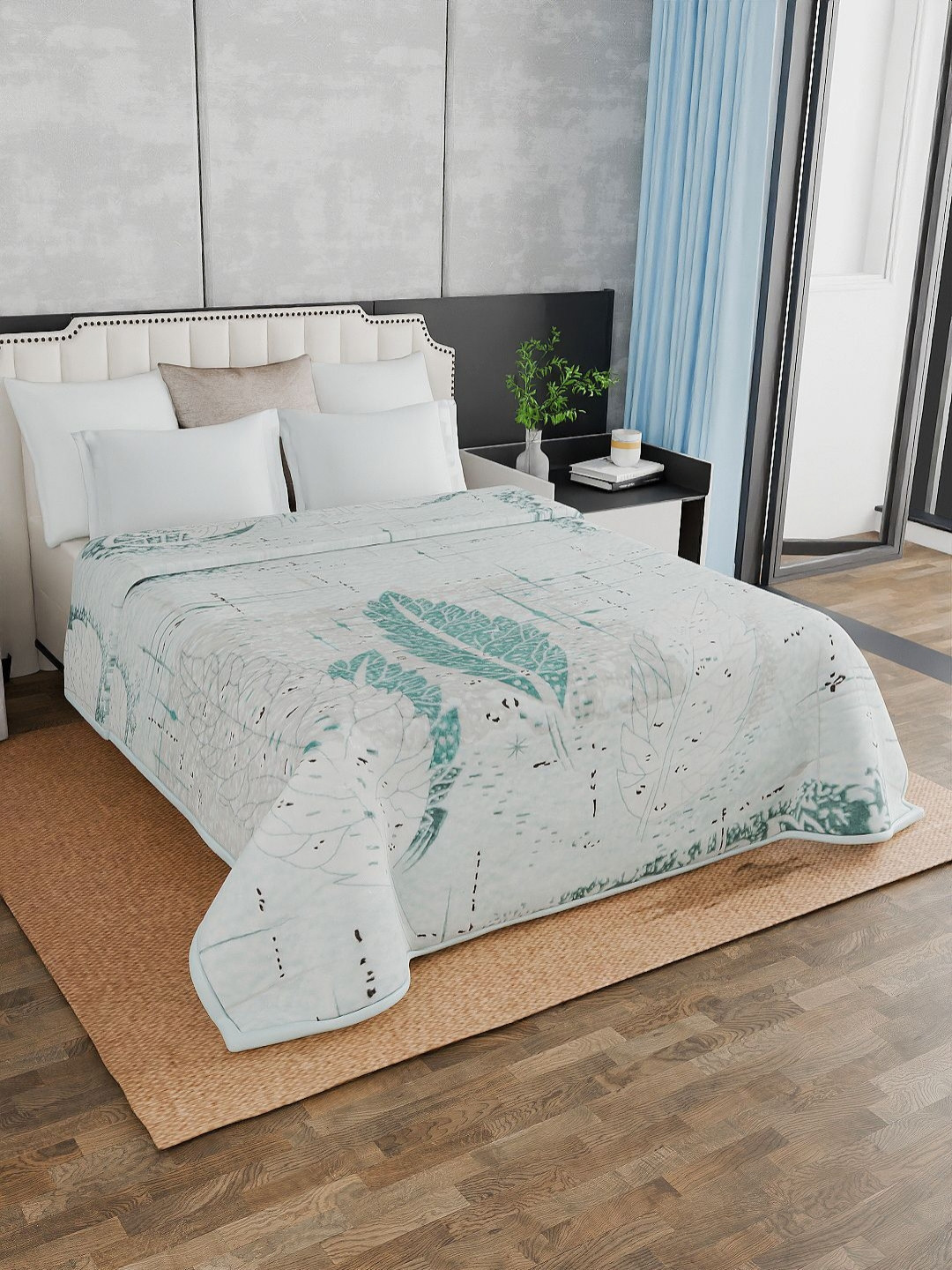 

Signature Albela Teal & Grey Floral Printed Mink Mild Winter 500 GSM Double Bed Blanket