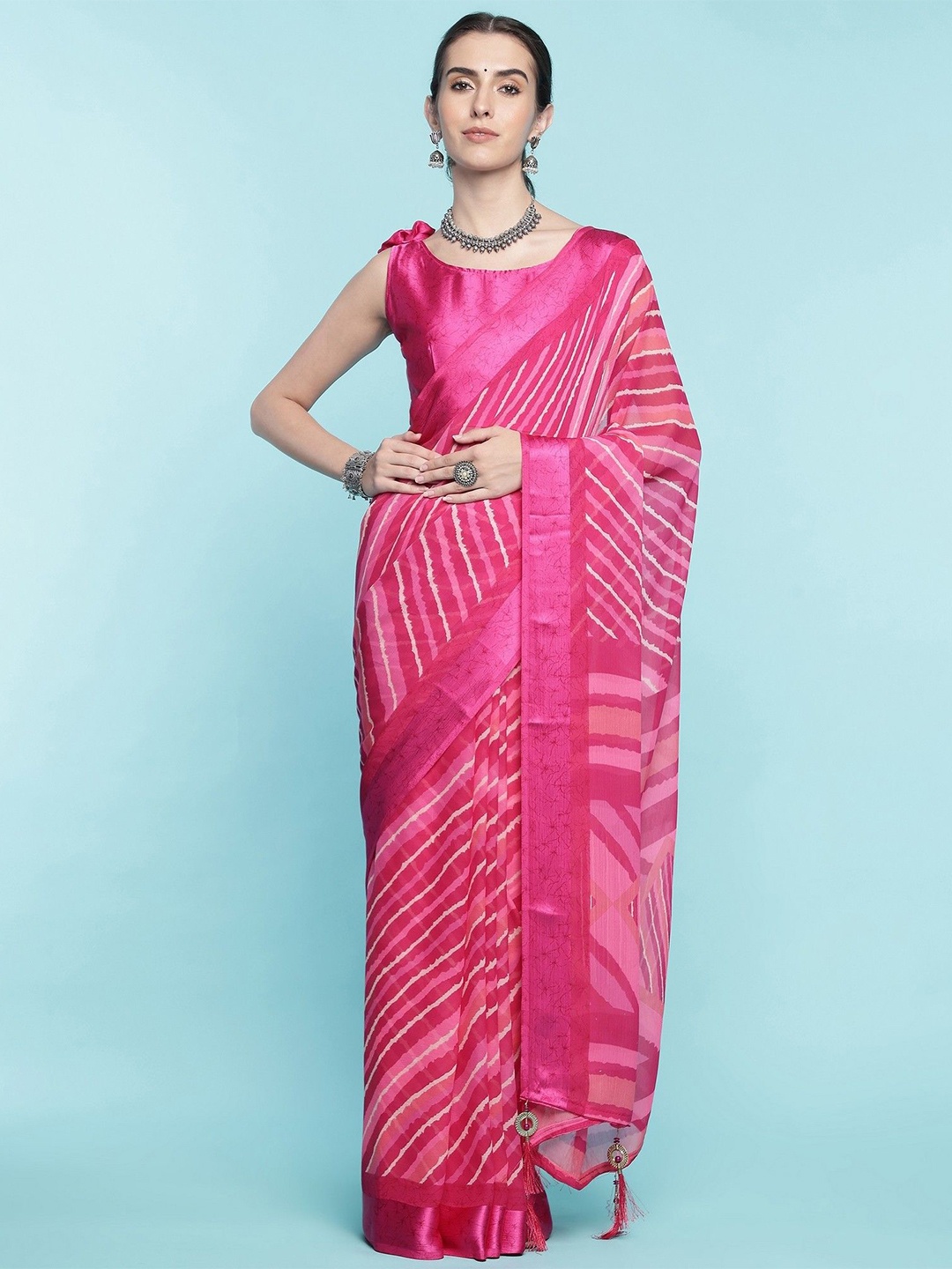 

DIVASTRI Leheriya Zari Poly Chiffon Leheriya Saree, Pink