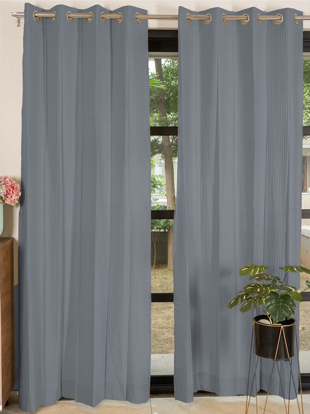 

URBAN SPACE Waffle Grey 2 Pieces Cotton Door Curtains