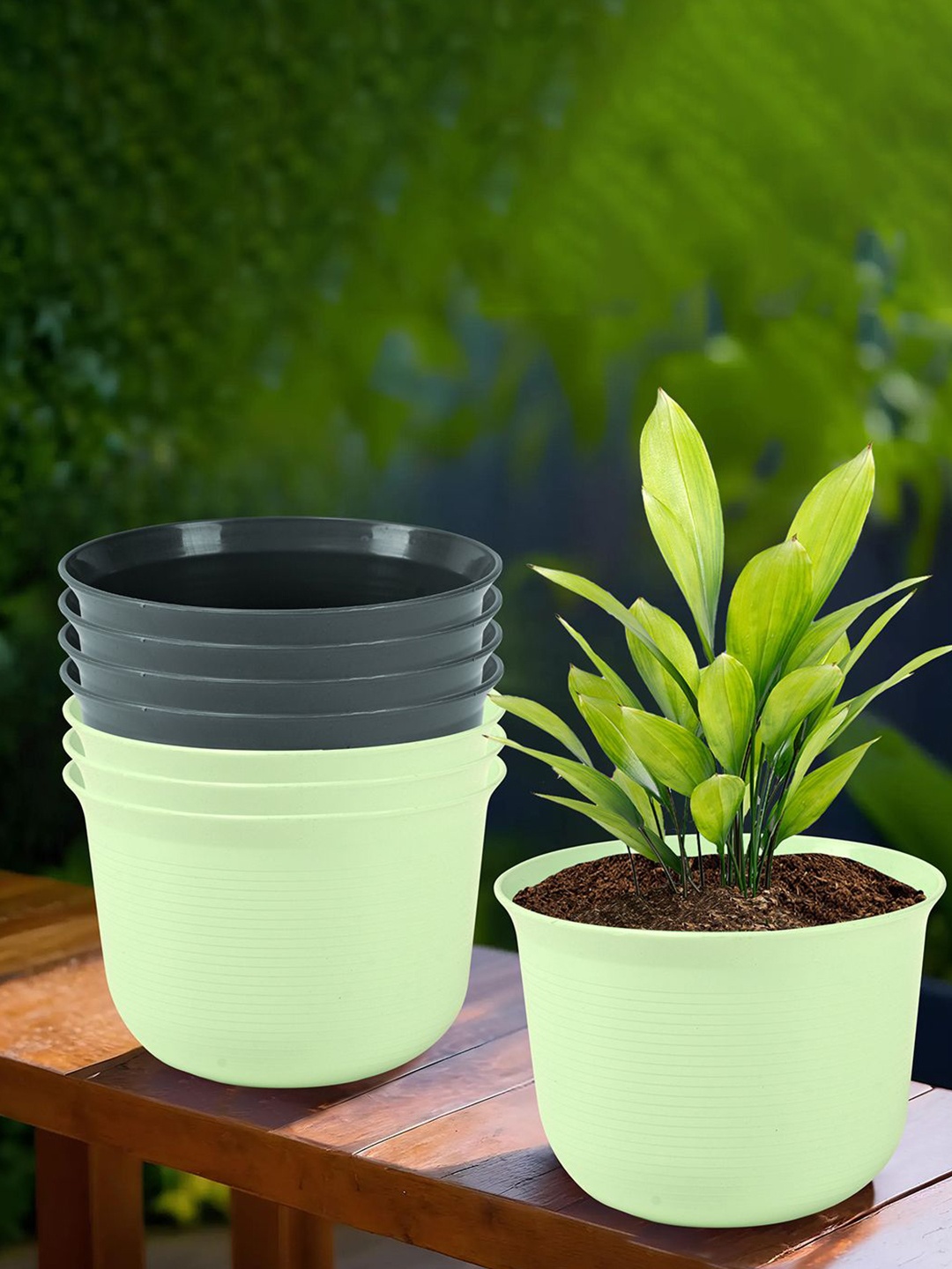 

Kuber Industries Green & Grey 8 Pieces Textured Planters With Plate