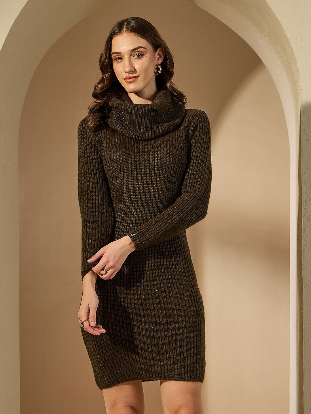 

CREATIVE LINE Women Self Design High Neck Winter Jumper Dress, Brown