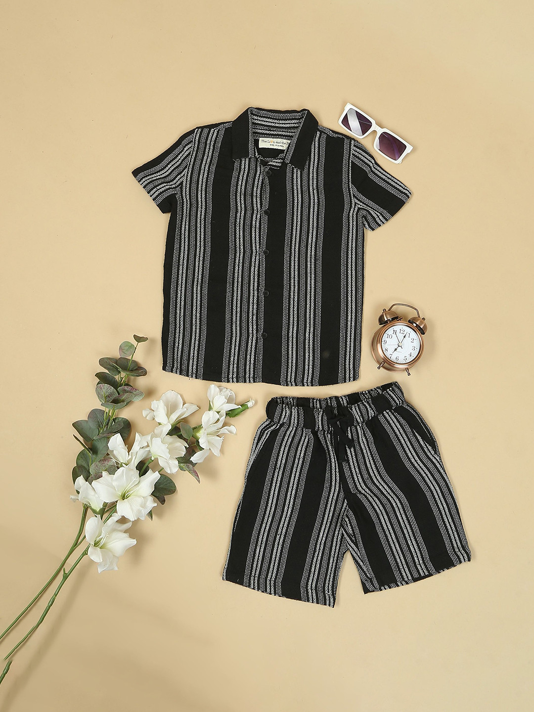 

The Lion and The Fish Boys Woven Design Shirt Collar Pure Cotton Shirt With Shorts, Black