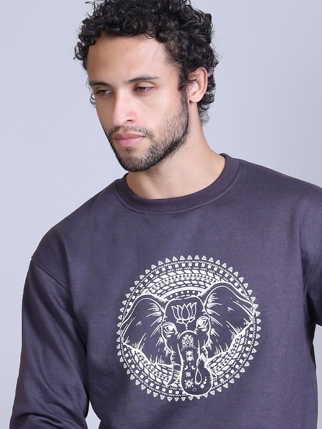

Obaan Men Printed Round Neck Long Sleeves Pullover Sweatshirt, Grey melange