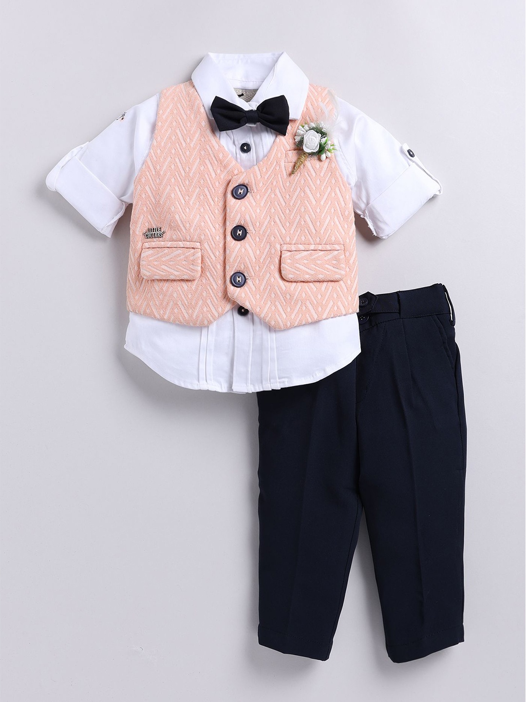 

LITTLE COLLARS Boys Self Design V-Neck Single-Breasted 3 Piece Suit With Bow Tie, Peach