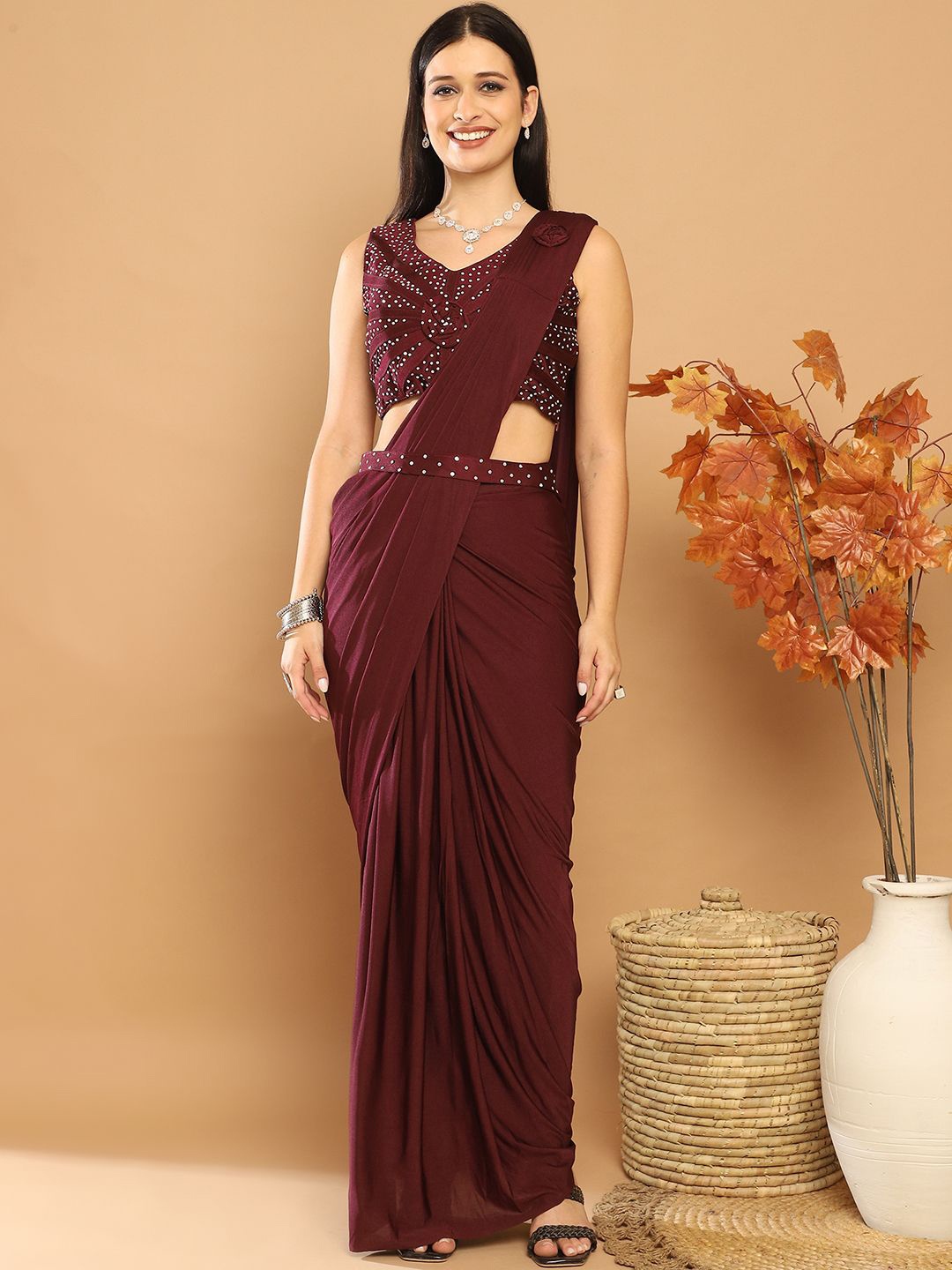 

Mitera Beads and Stones Ready to Wear Saree, Maroon