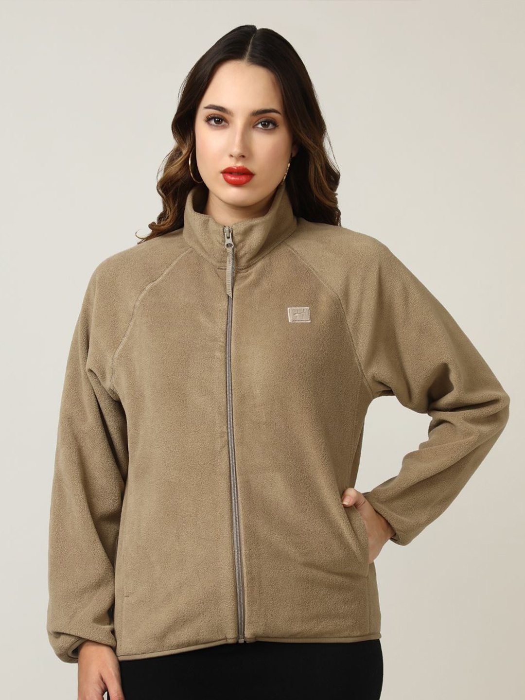 

Fort Collins Women Mock Collar Long Sleeves Front-Open Sweatshirt, Tan