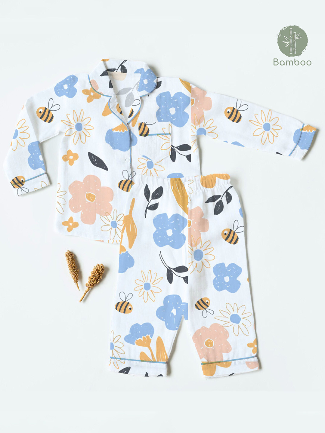 

cocoon care Kids Floral Printed Night suit, White