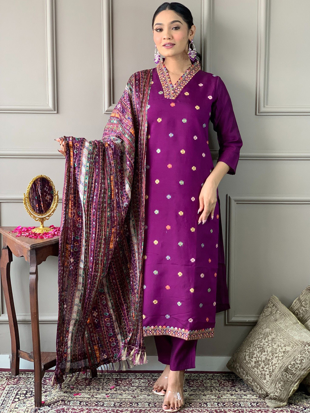 

Anouk Purple Floral Embroidered V-Neck Regular Chanderi Silk Kurta & Trouser & Dupatta