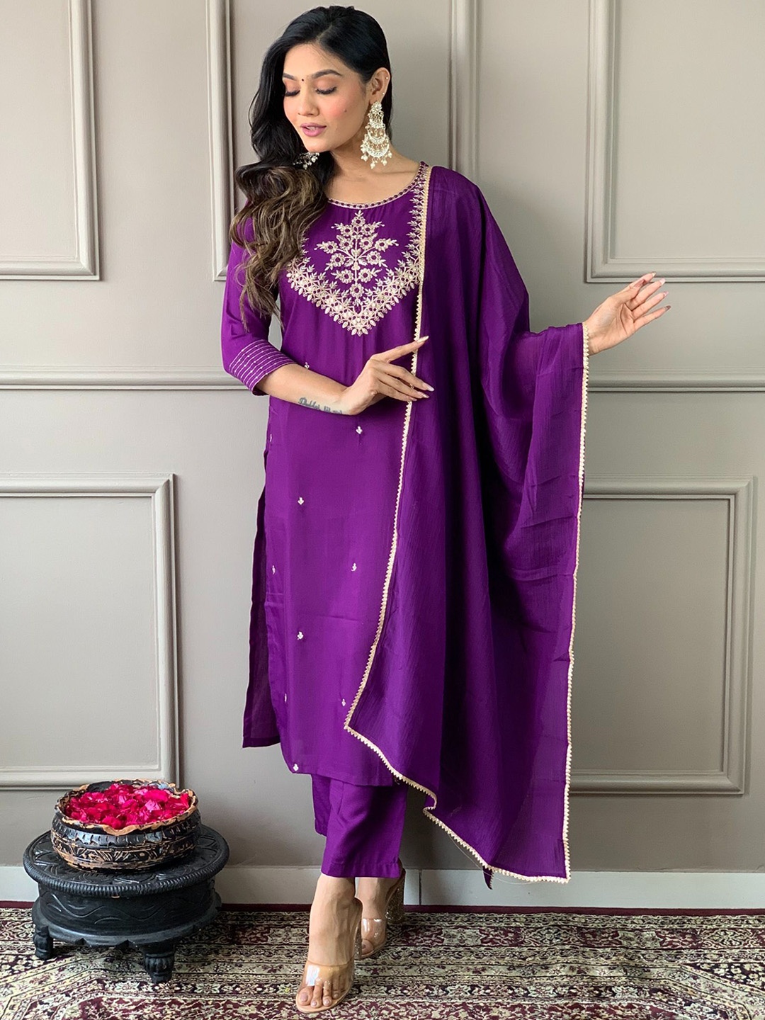 

Anouk Purple Floral Embroidered Round Neck Straight Kurta With Trouser With Dupatta