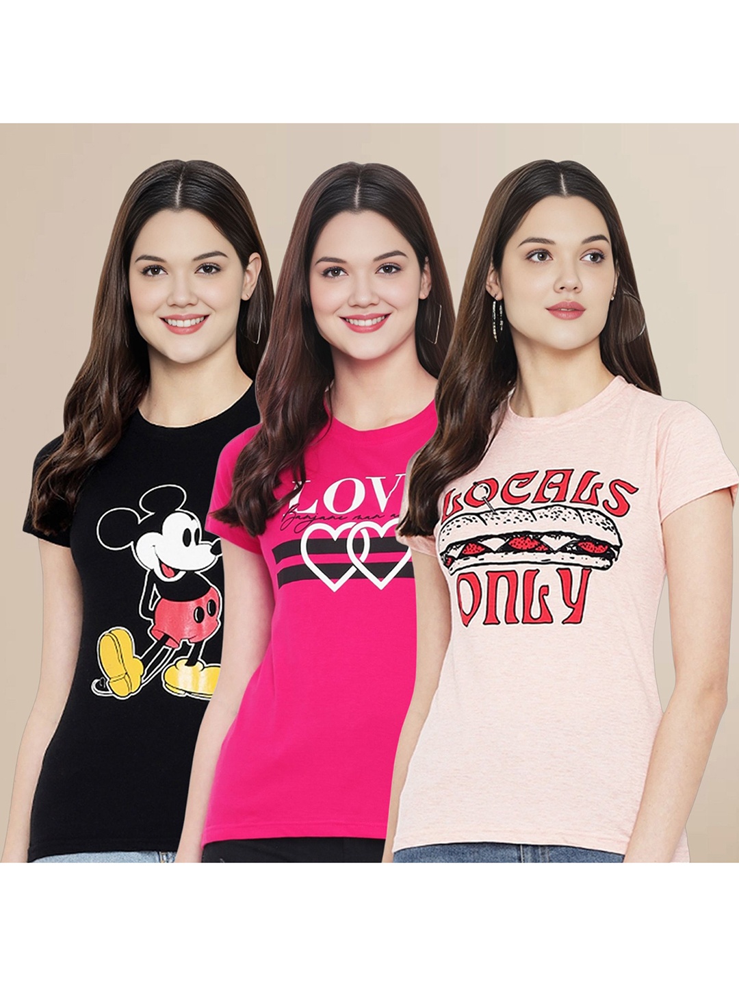 

Metronaut Women Pack Of 3 Typography Printed Round Neck Cotton Mickey Mouse T-shirts, Black