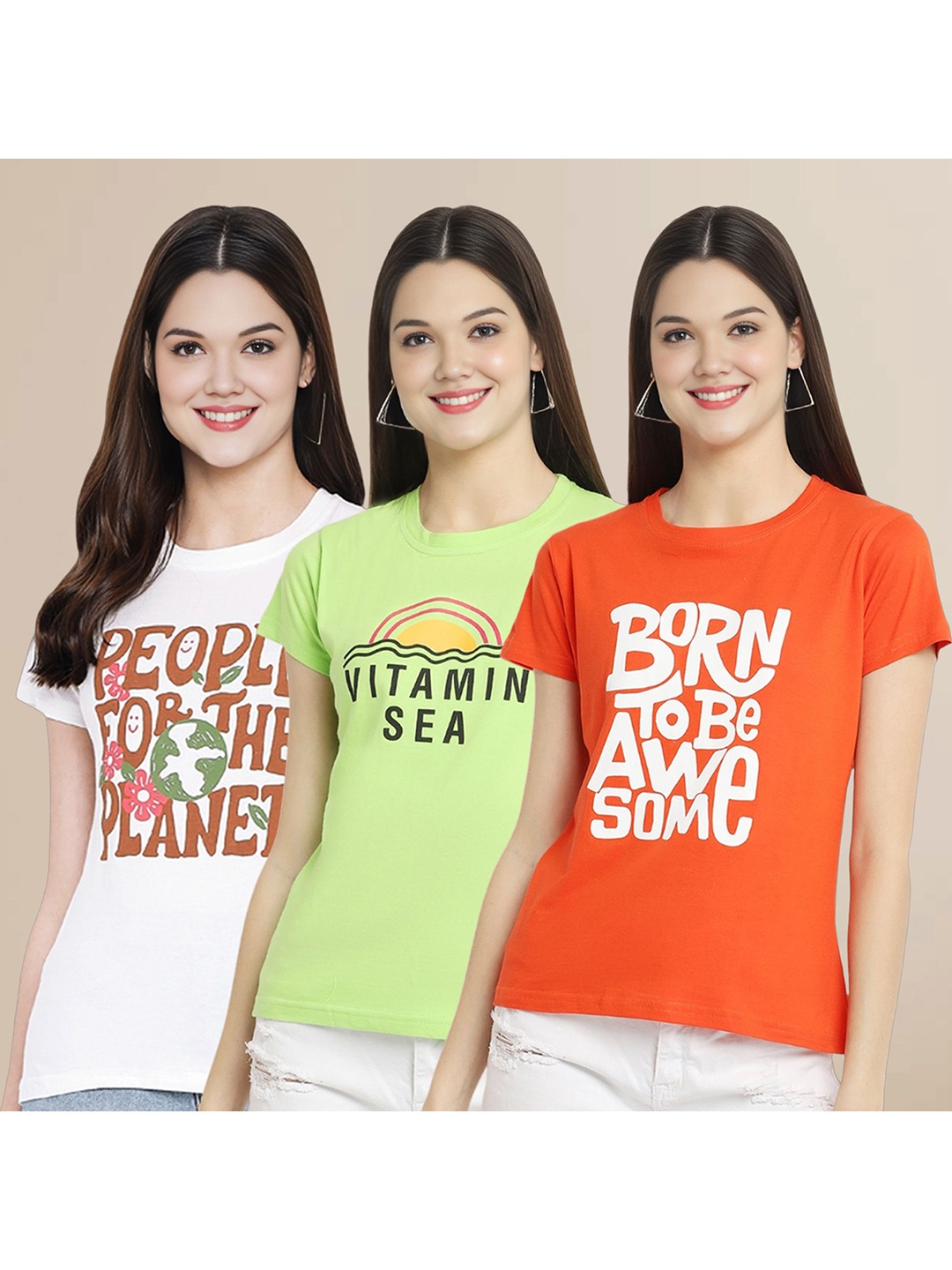 

Metronaut Women Pack Of 3 Typography Printed Round Neck Cotton T-shirts, White