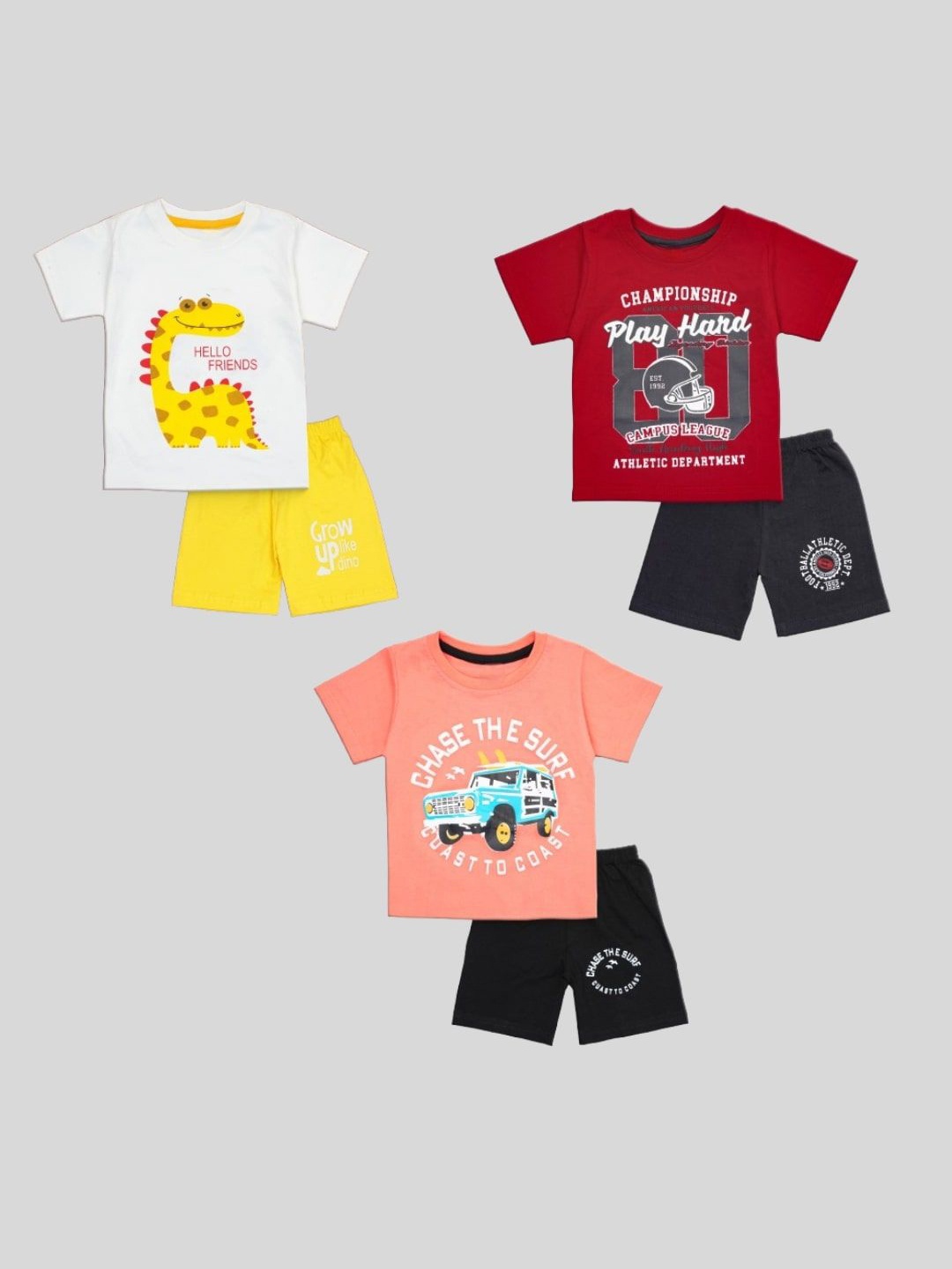 

BURBN Pack of 3 Printed Pure Cotton T-shirt with Shorts, Red