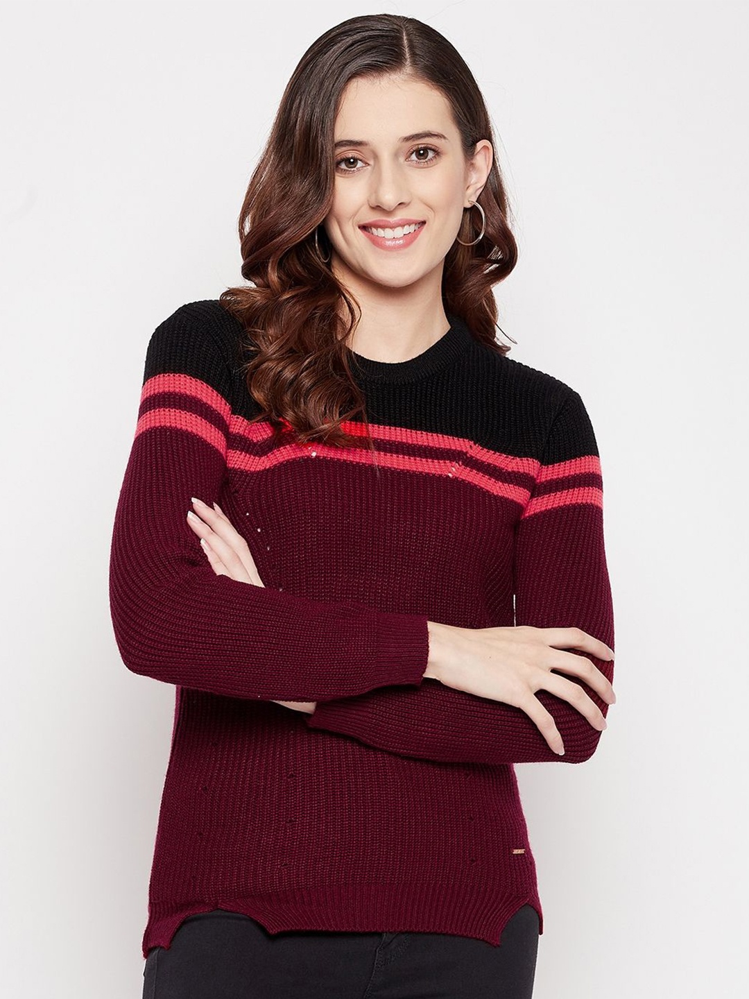 

Duke Women Colourblocked Woollen Pullover, Burgundy