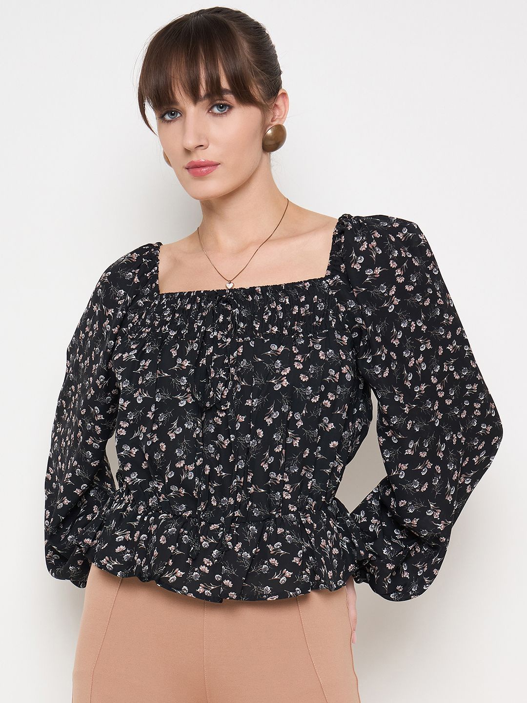 

Madame Women Floral Printed Puff Sleeve Cinched Waist Top, Black