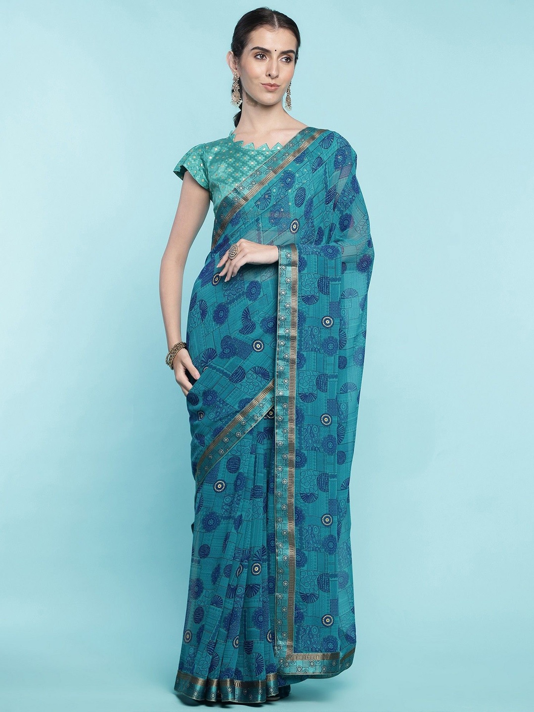 

DIVASTRI Ethnic Motifs Block Print Saree, Turquoise blue