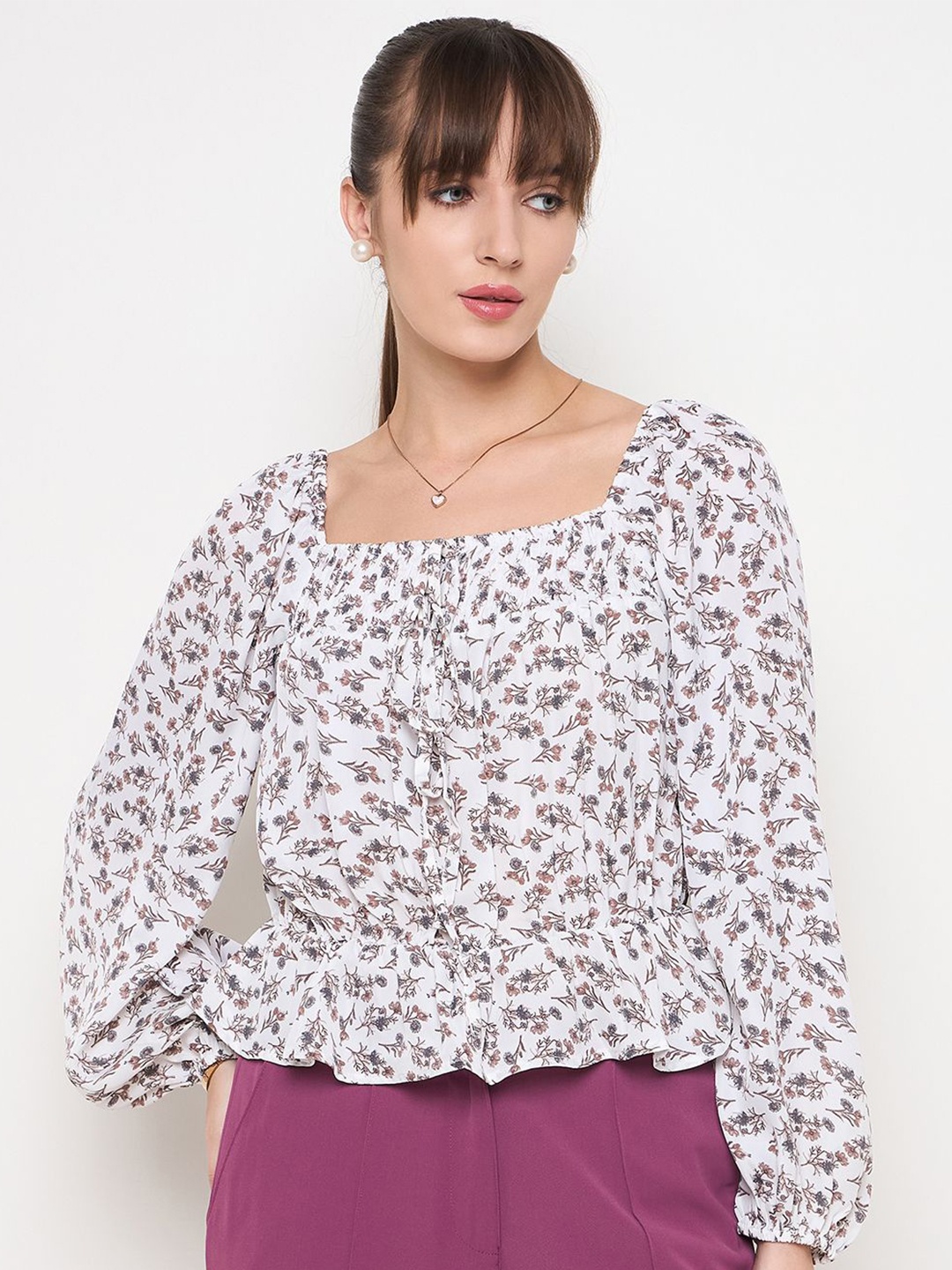 

Madame Women Square Neck Floral Printed Puff Sleeve Top, White