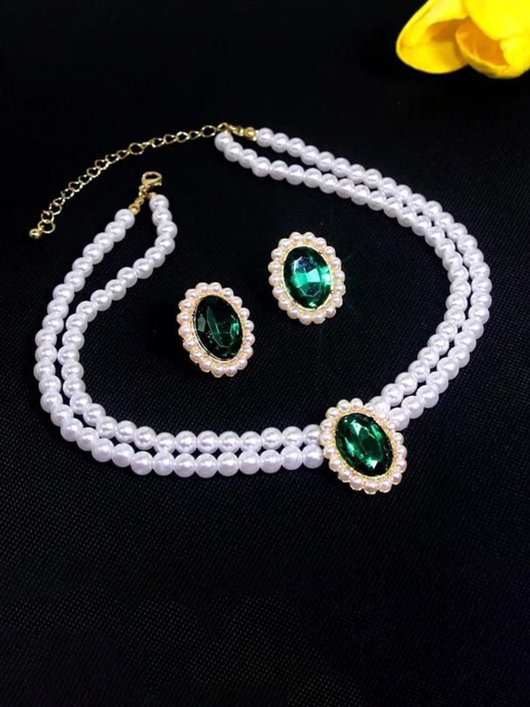 

YU FASHIONS Stainless Steel Gold-Plated Stone Studded & Beaded Jewellery Set, White