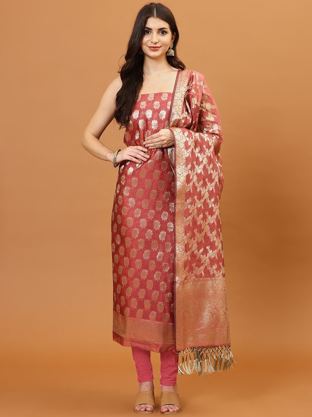 

Meena Bazaar Ethnic Motifs Woven Design Art Silk Unstitched Dress Material, Pink