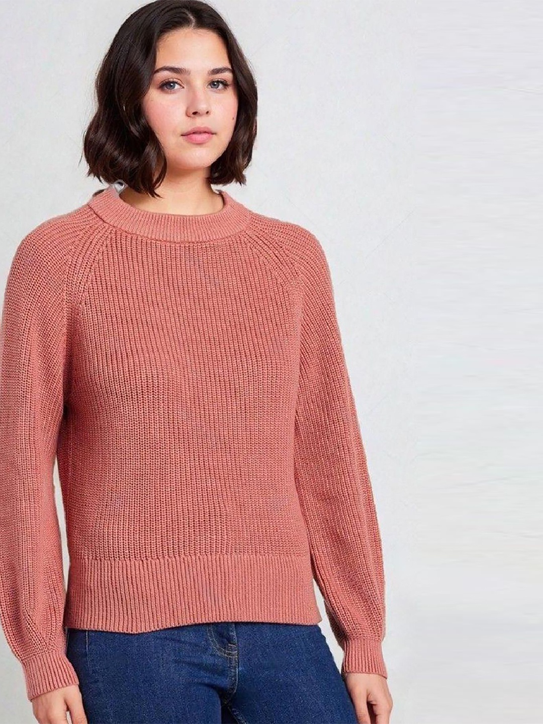 

Kotty Women Cotton Round Neck Long Sleeves Cable Knit Pullover Sweaters, Pink