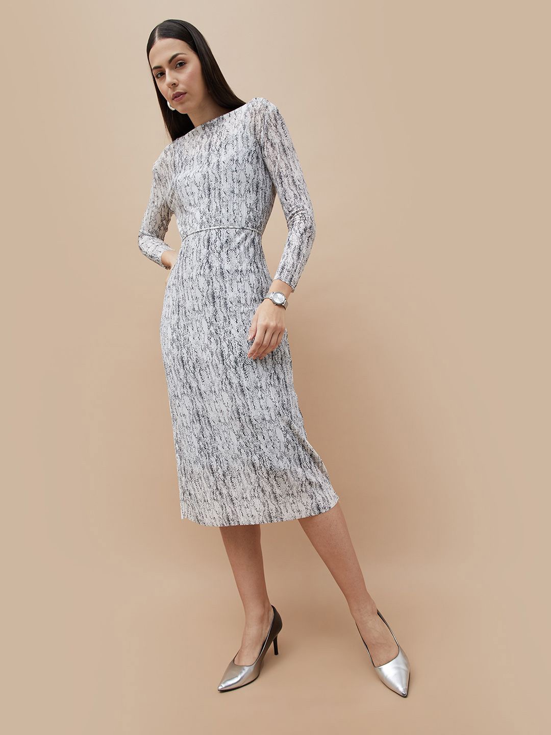 

CODE by Lifestyle Women Abstract Printed A-Line Midi Dress, Off white