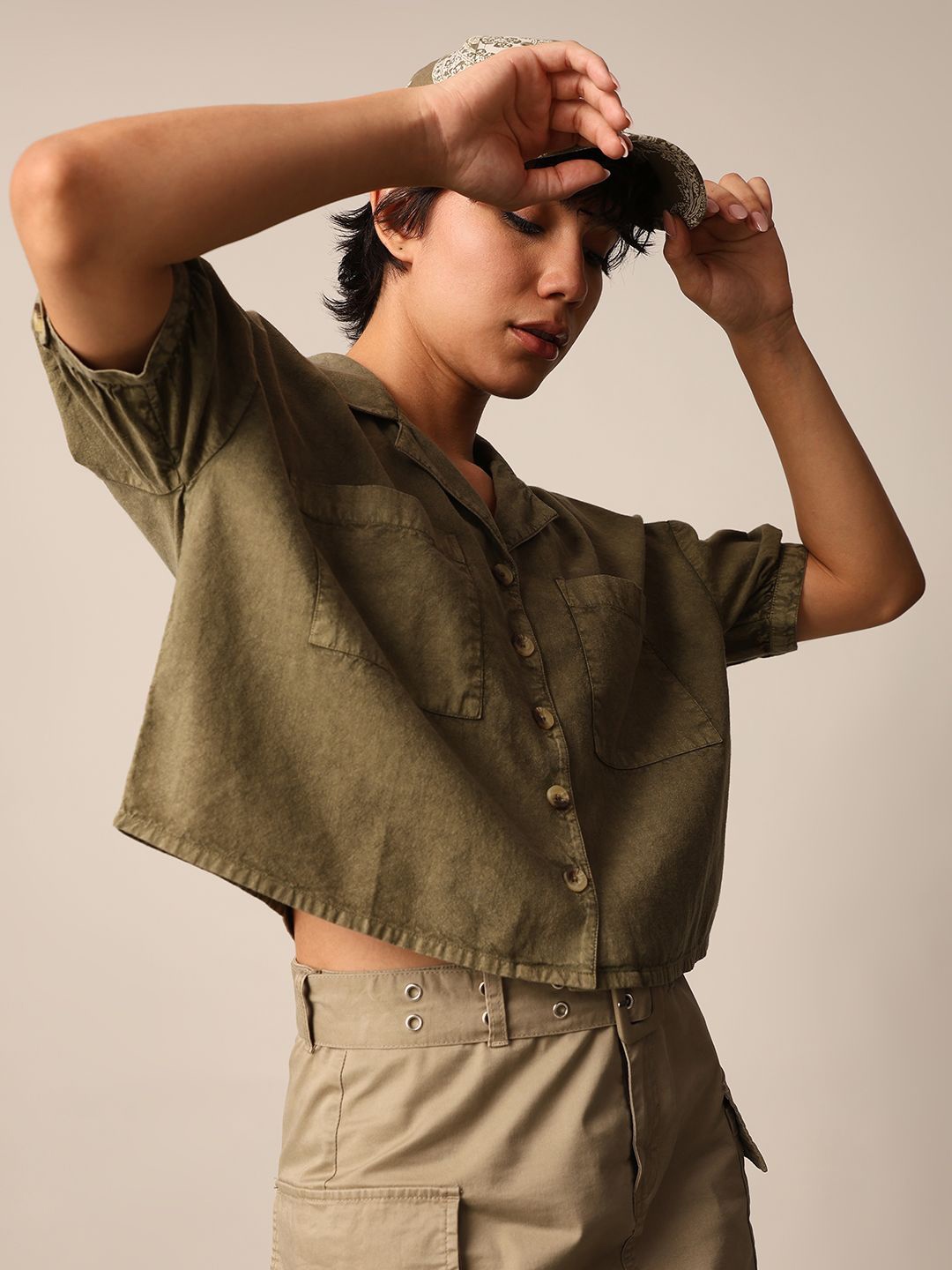 

ONLY Women Cuban Collar Faded Cotton Boxy Casual Shirt, Olive