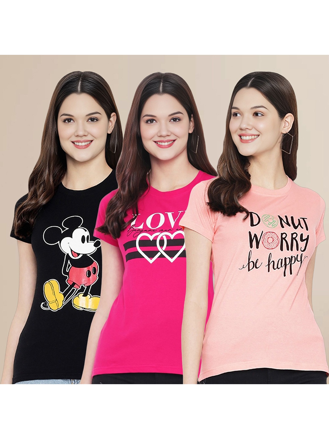 

Metronaut Women Pack Of 3 Typography Printed Round Neck Cotton Mickey Mouse T-shirts, Peach