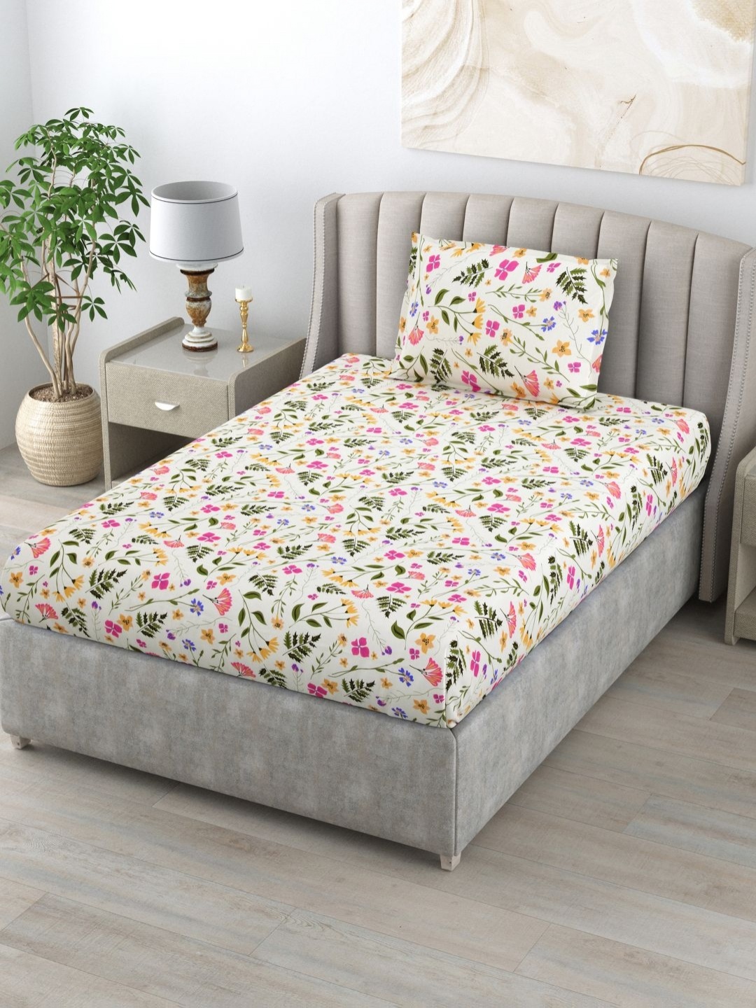 

BOMBAY DYEING Epigram Pink Floral Cotton 144 TC Single Bedsheet Set 1.50 m x 2.24 m