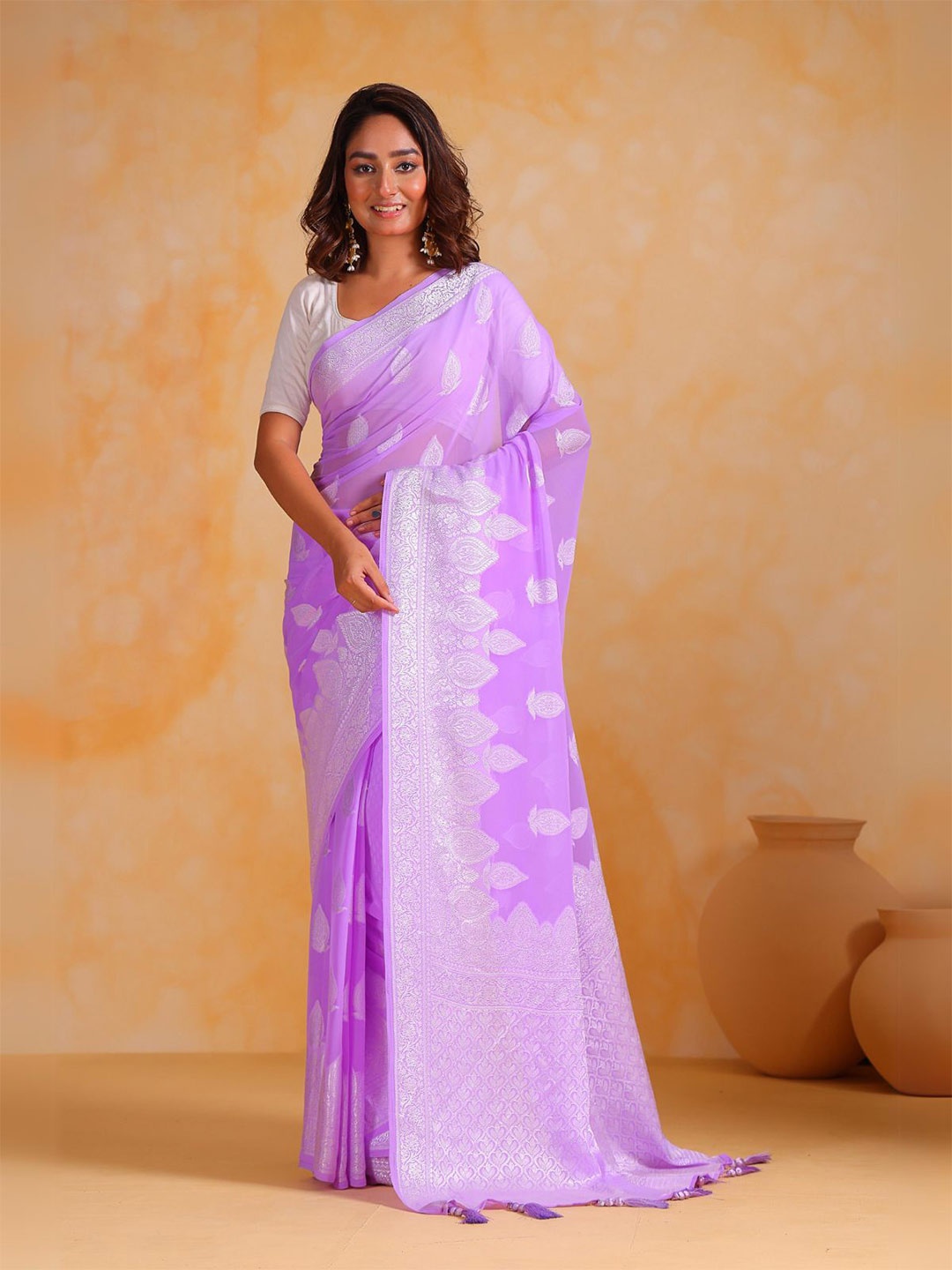 

ODETTE Woven Design Zari Saree With Blouse Piece, Purple