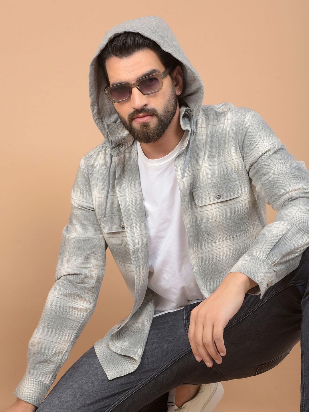 

Crimsoune Club Men Classic Hood Checked Cotton Slim Fit Casual Shirt, Grey