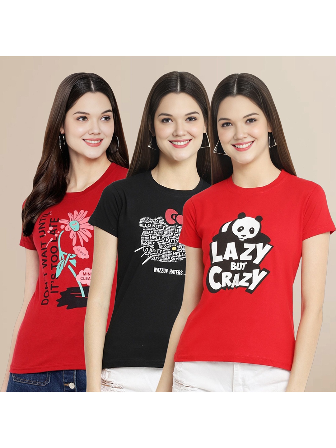 

Metronaut Women Pack Of 3 Typography Printed Round Neck Cotton T-shirts, Red