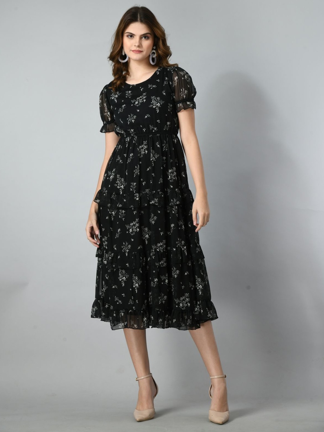 

Fuchsia Women Floral Printed Puff Sleeve Midi Dress, Black
