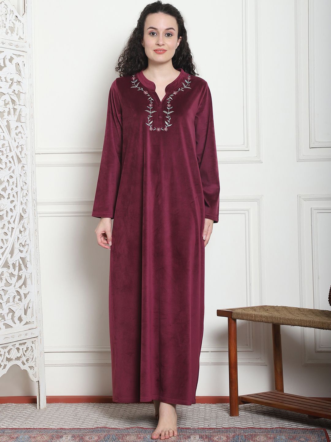 

Kanvin Women Floral Embroidered Maxi Winter Nightdress, Maroon