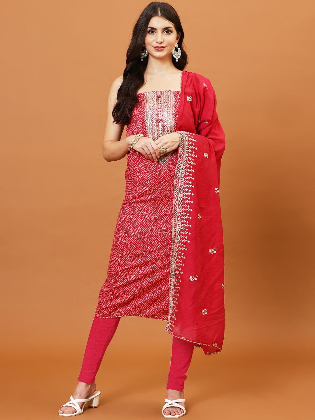 

Meena Bazaar andhani Printed Sequinned Cotton Unstitched Dress Material, Pink