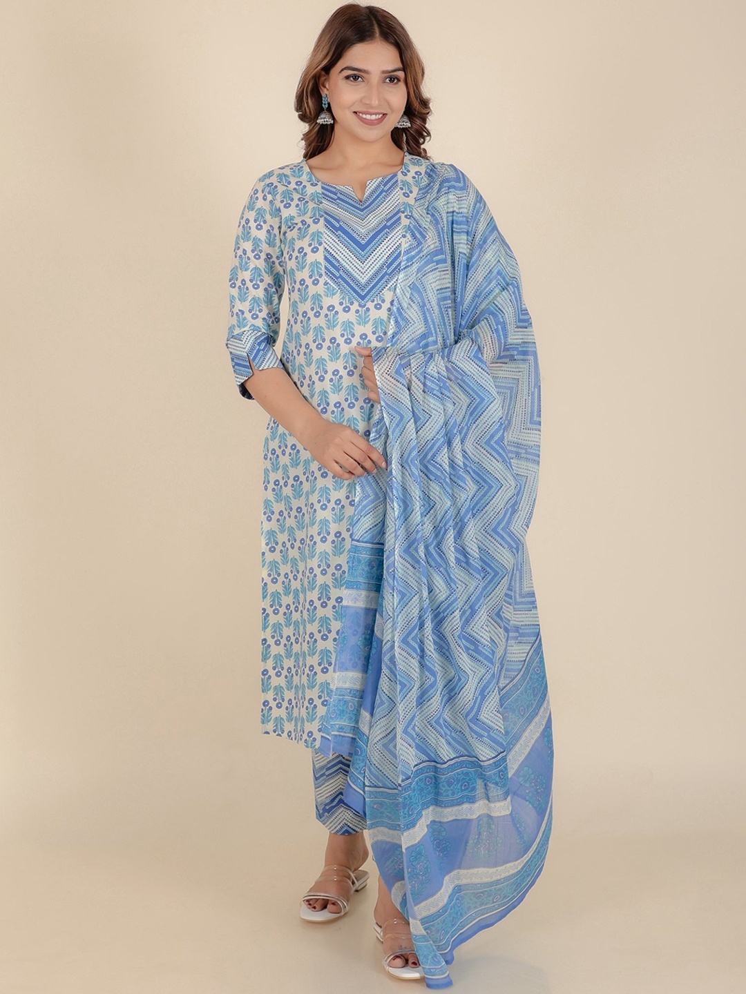 

Aramya Floral Printed Pure Cotton Straight Kurta With Trouser & Dupatta, White