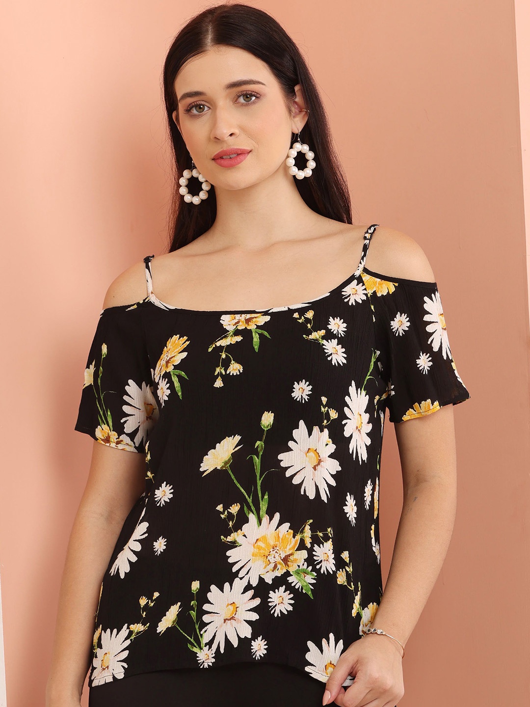 

DEBONATELLA Women Floral Printed Cold-Shoulder Top, Black