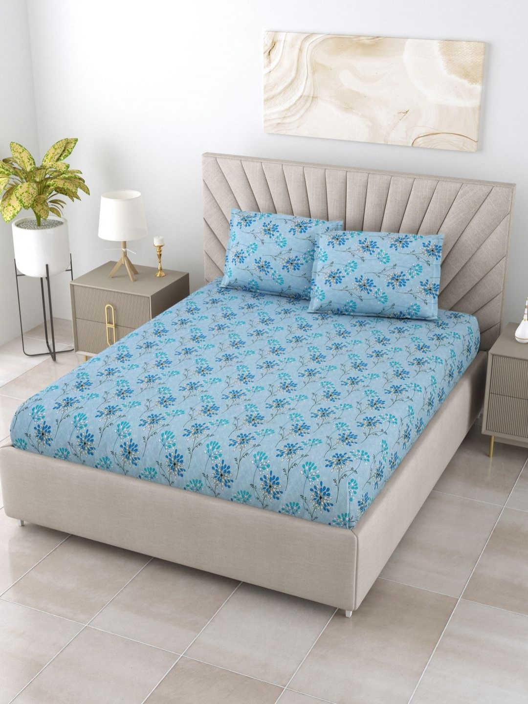 

BOMBAY DYEING Blue Floral 144 TC Cotton King Bedsheet Set-2.74 m x 2.74 m