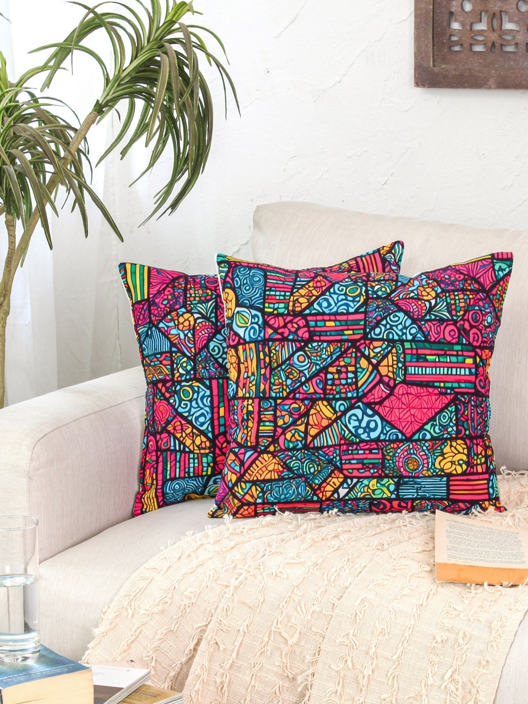 

HOMPRIN Black & Blue 2 Pieces Abstract Printed Cotton Square Cushion Covers